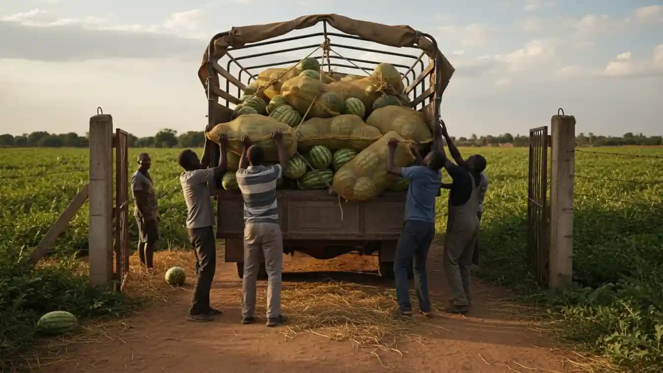 Traders loading large netted sacks of watermelons onto a lorry at a farm gate